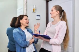 Two woman talking and laughing
