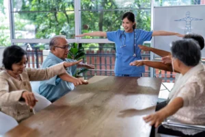 Helping old man and woman